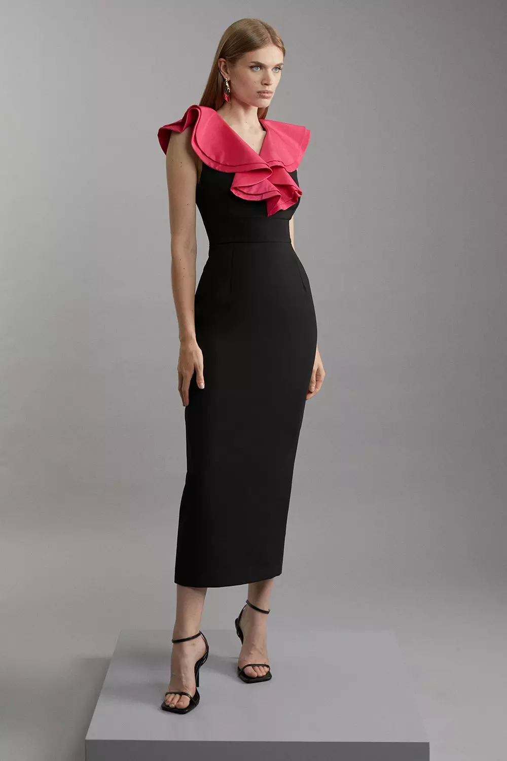 Compact Stretch Taffeta Ruffle Tailored Midi Dress | Karen