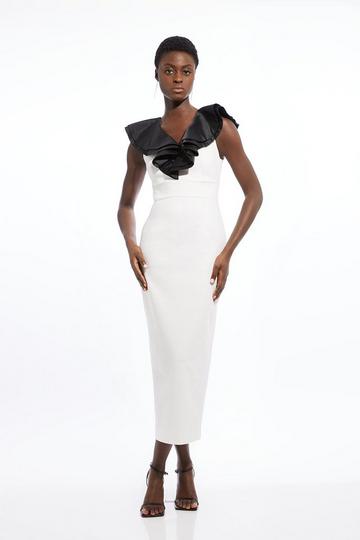 Compact Stretch Taffeta Ruffle Tailored Midi Dress ivory