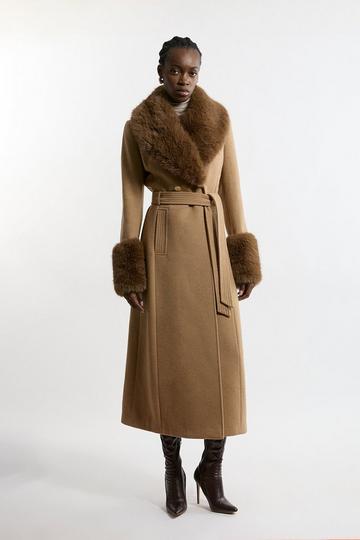 Tall Wool Blend Detachable Faux Fur Belted Midi Coat camel