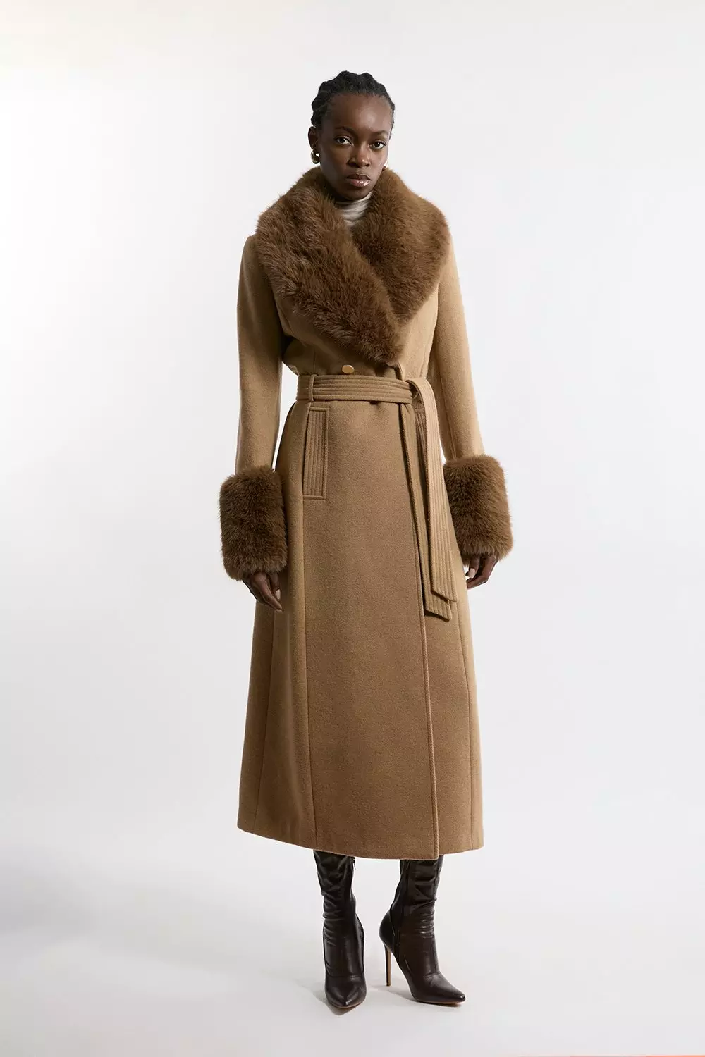 Karen Millen Womens Tall Wool Blend Detachable Faux Fur Belted Midi Coat Camel Size 4