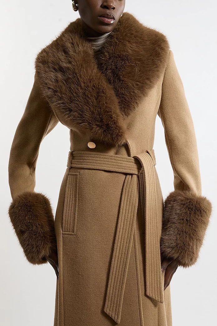 Tall Wool Blend Detachable Faux Fur Belted Midi Coat | Karen Tall Wool Blend Detachable Faux Fur Belted Midi Coat | Karen