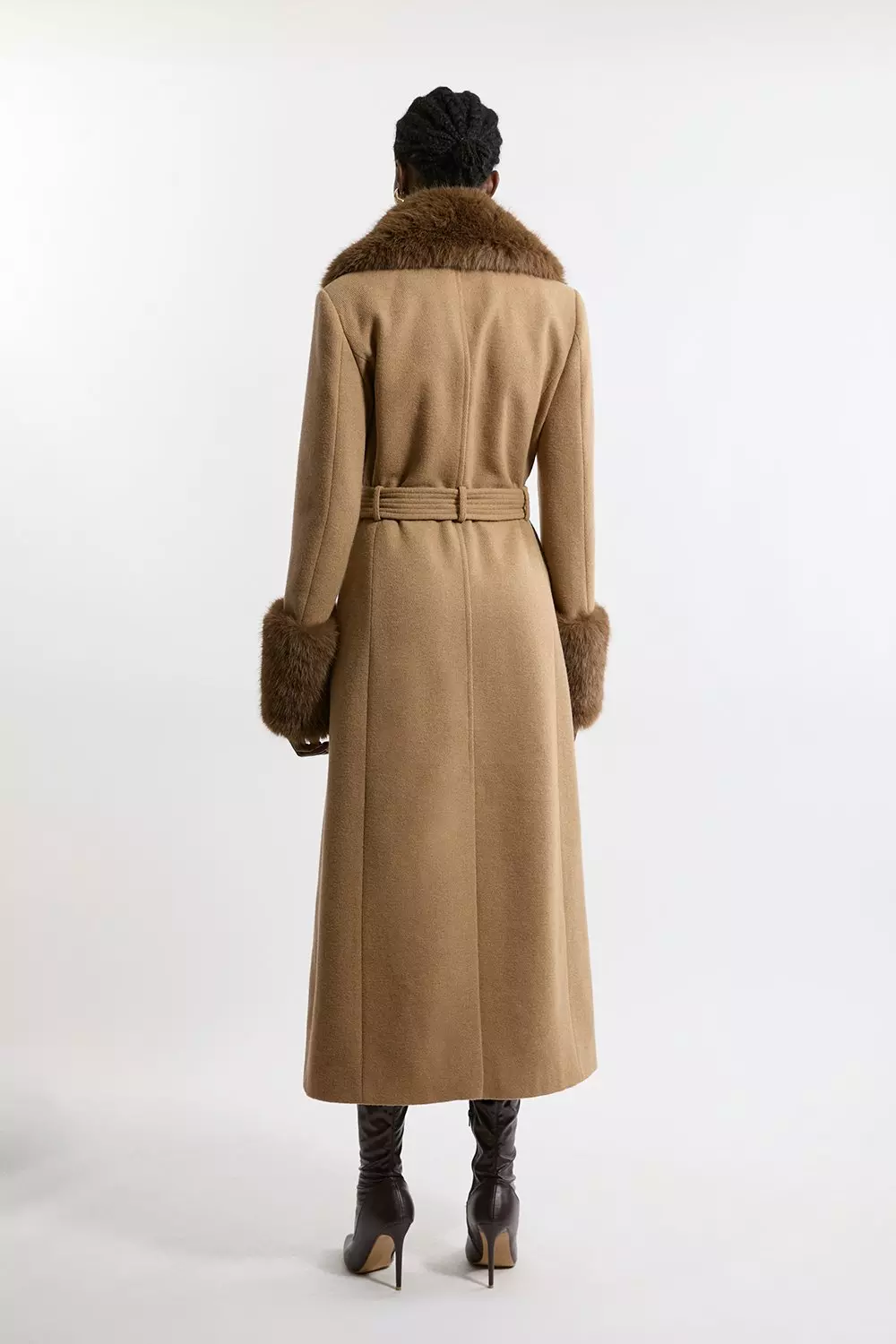 Tall Wool Blend Detachable Faux Fur Belted Midi Coat Karen Millen