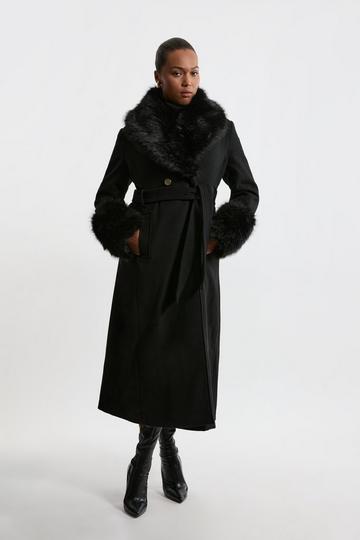 Plus Size Wool Blend Detachable Faux Fur Belted Midi Coat black