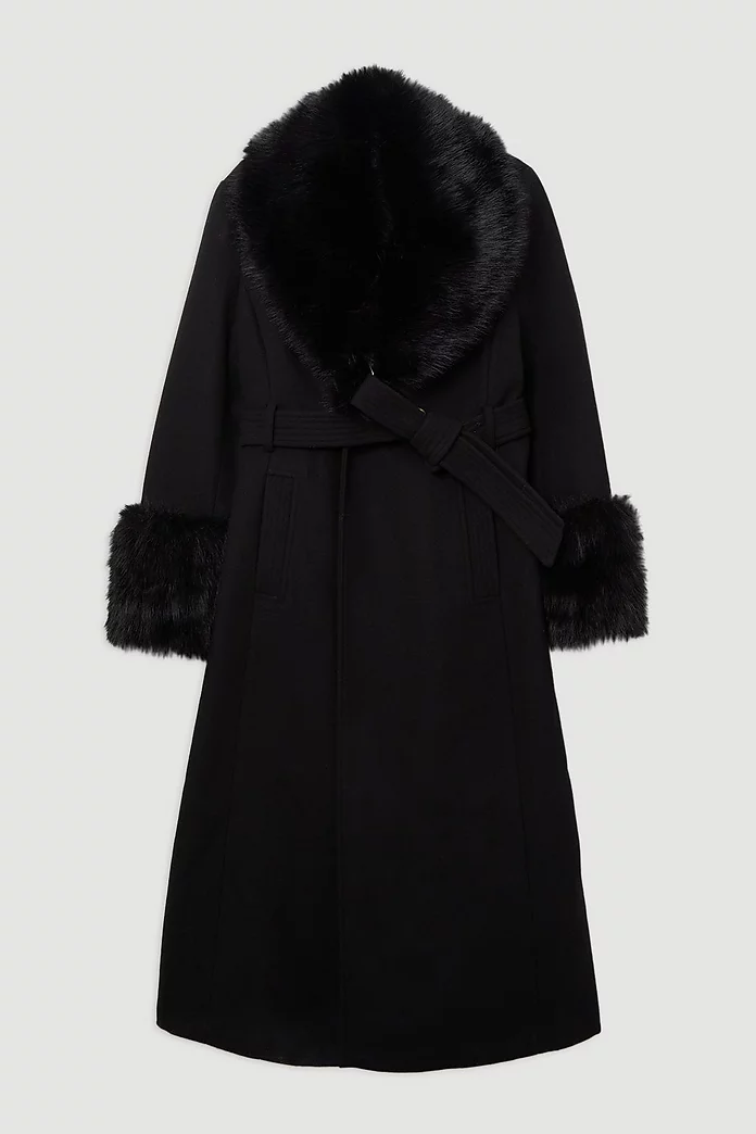 Plus Size Wool Blend Detachable Faux Fur Belted Midi Coat Plus Size Wool Blend Detachable Faux Fur Belted Midi Coat