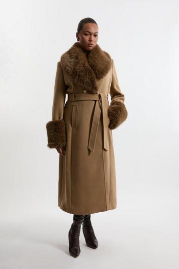 Plus Size Wool Blend Detachable Faux Fur Belted Midi Coat camel