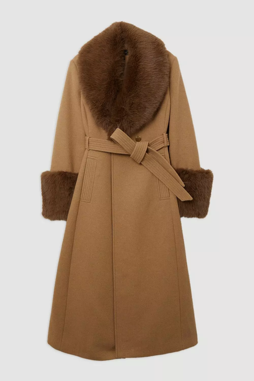 Plus Size Wool Blend Detachable Faux Fur Belted Midi Coat | Karen Millen