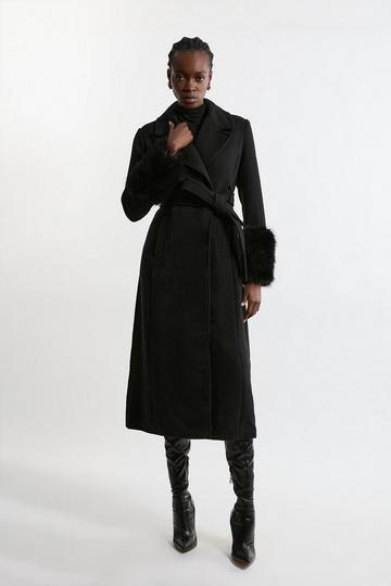 Black Wool Blend Detachable Faux Fur Belted Midi Coat