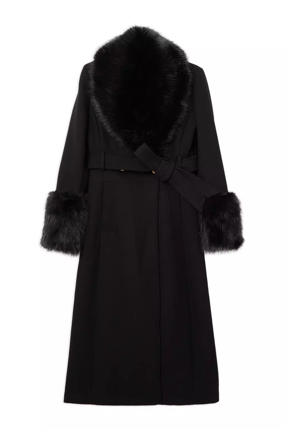 Black belted faux fur belted wool coat best sale