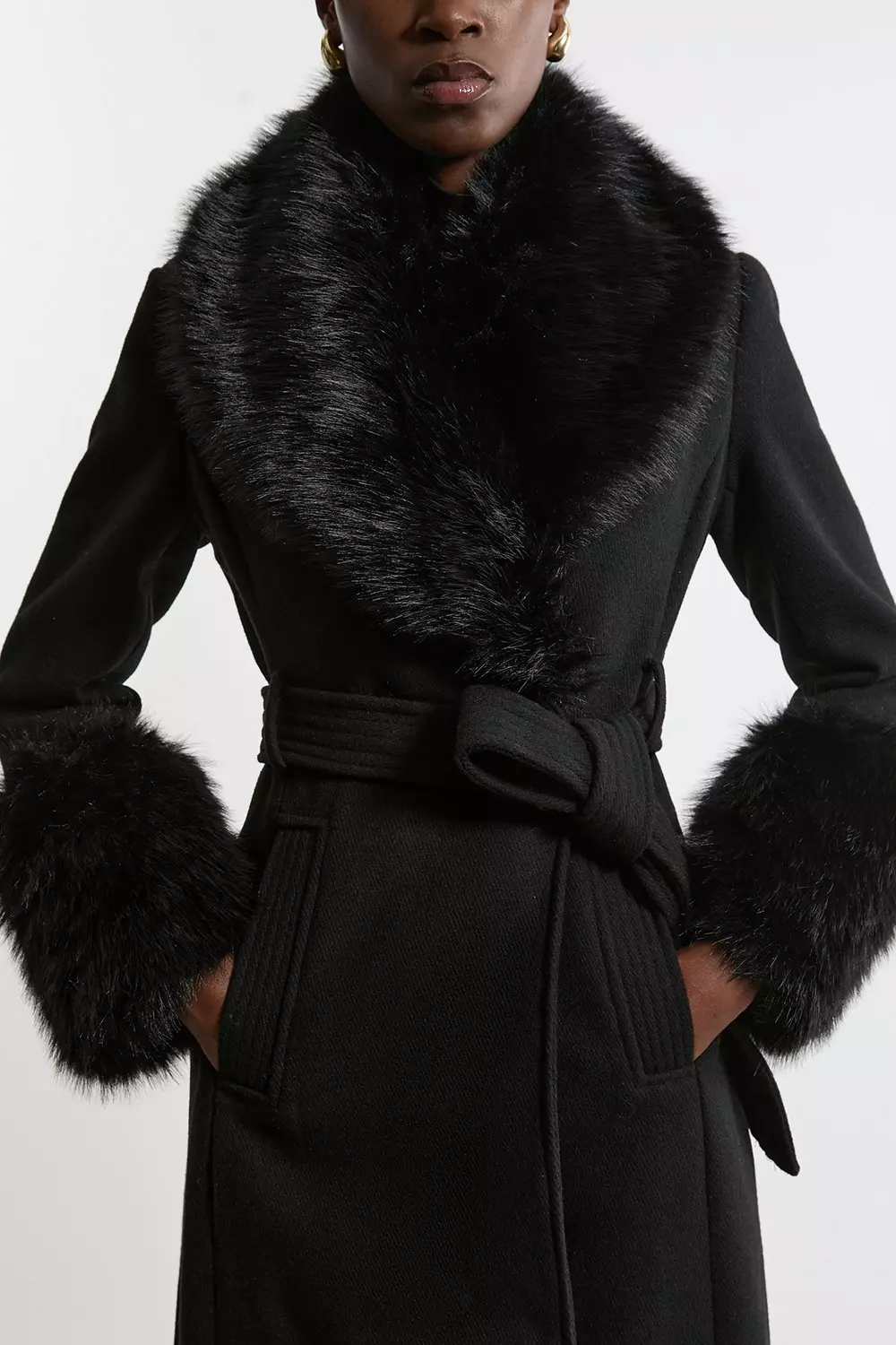 Black belted faux fur belted wool coat best sale