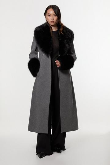 Grey Wool Blend Detachable Faux Fur Belted Midi Coat