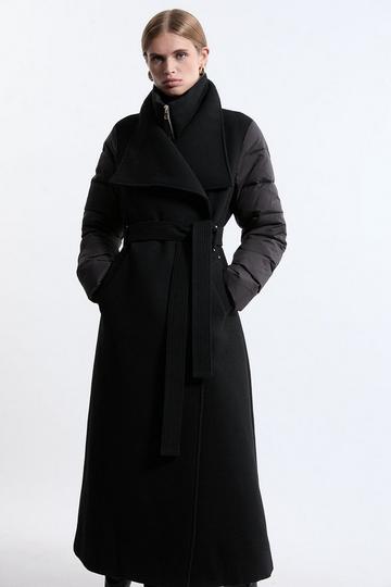 Tall Wool Blend Hybrid Puffer Belted Midi Coat black