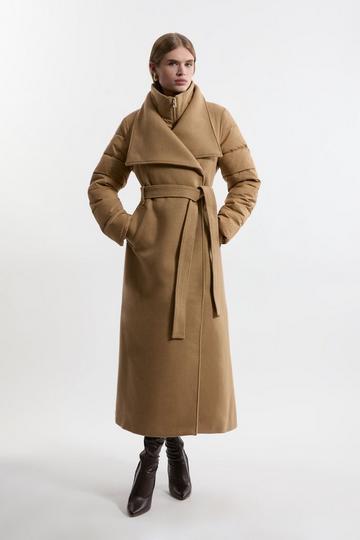 Petite Wool Blend Hybrid Puffer Belted Midi Coat camel