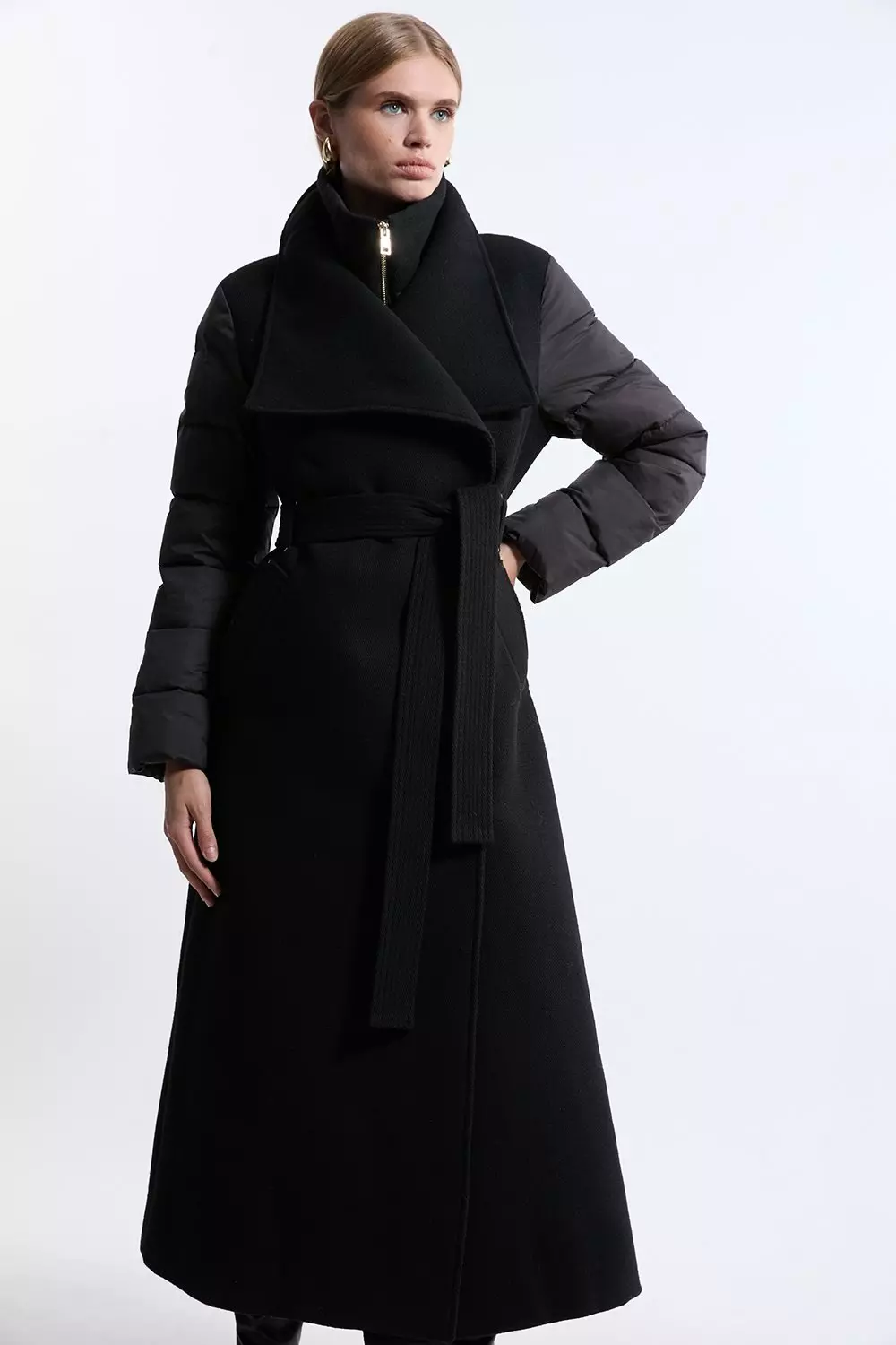 Karen Millen Womens Wool Blend Hybrid Puffer Belted Midi Coat Black Size 4