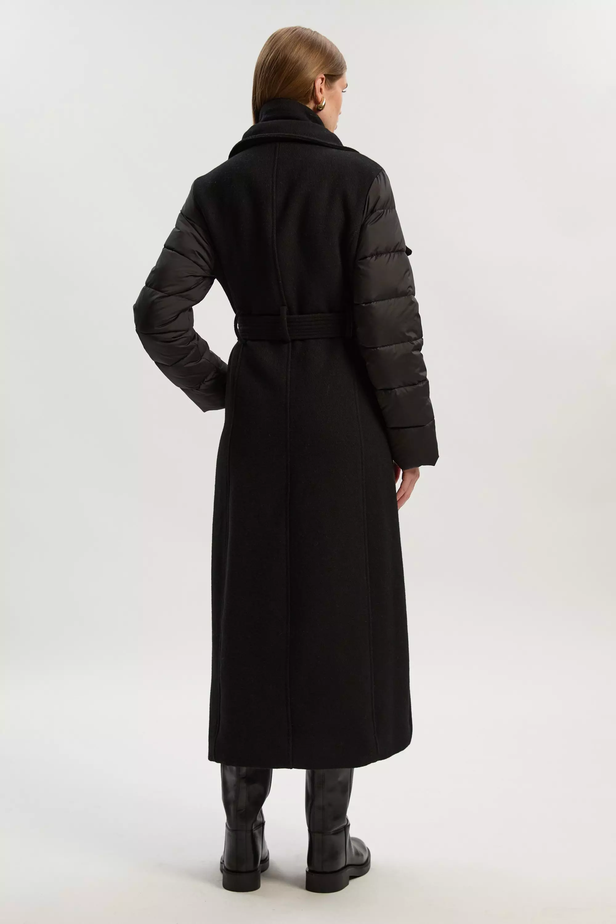 Wool Blend Hybrid Puffer Belted Midi Coat | Karen Millen