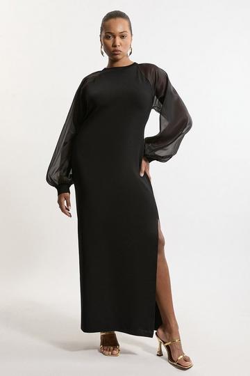 Black Viscose Blend Compact Knit Chiffon Sleeve Maxi Dress