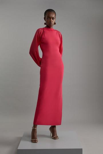 Viscose Blend Compact Knit Chiffon Sleeve Maxi Dress red