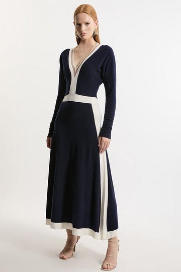 Cashmere Wool V Neck Colour Block Dress navy