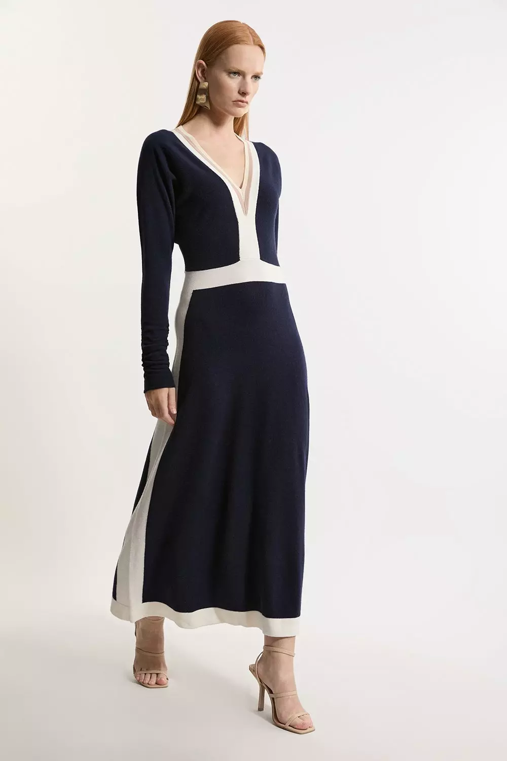 【Karen Millen】Vネック リブニット フルスカートドレス KAREN MILLEN】Vネック リブニット ミディドレス 関税込