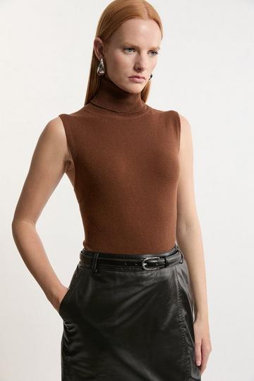 Lydia Millen Cashmere Wool Blend Sleeveless Roll Neck Knit Top chocolate