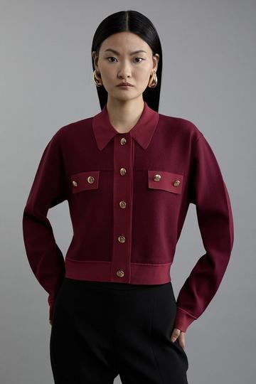 Shrunken Military Trim Compact Knit Jacket burgundy