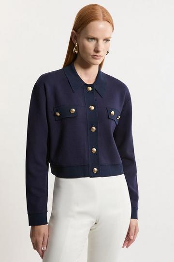 Navy Shrunken Military Trim Compact Knit Jacket