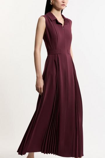 Petite Tailored Crepe Pleated Buckle Detail Sleeveless Midaxi Dress merlot