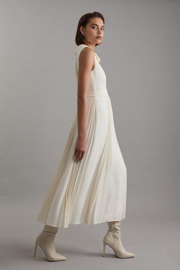 Tailored Crepe Pleated Buckle Detail Sleeveless Midaxi Dress ivory