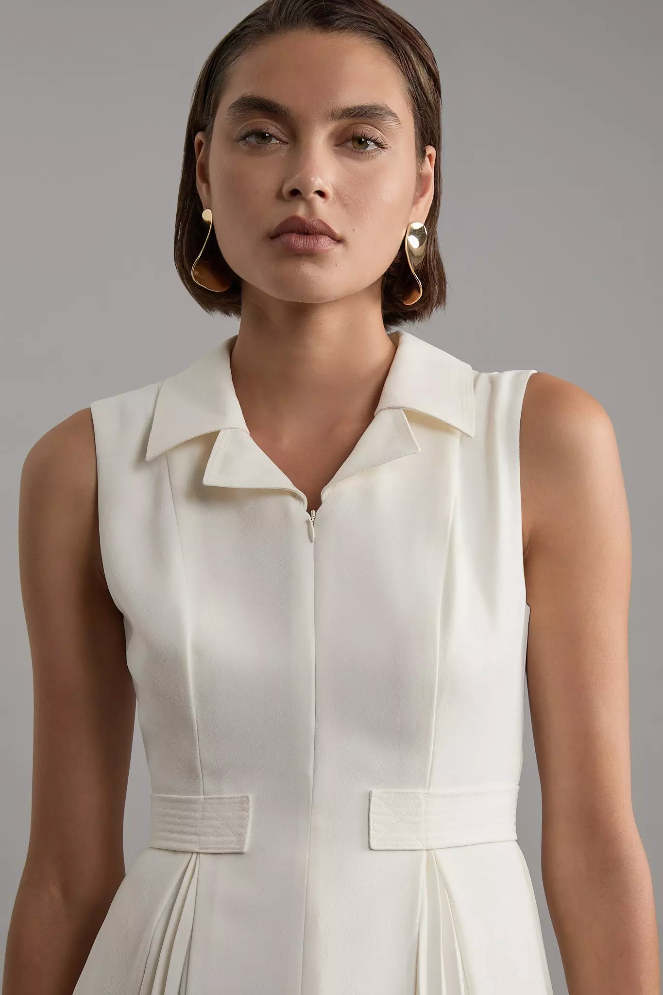 Tailored Crepe Pleated Tab Detail Sleeveless Midaxi Dress