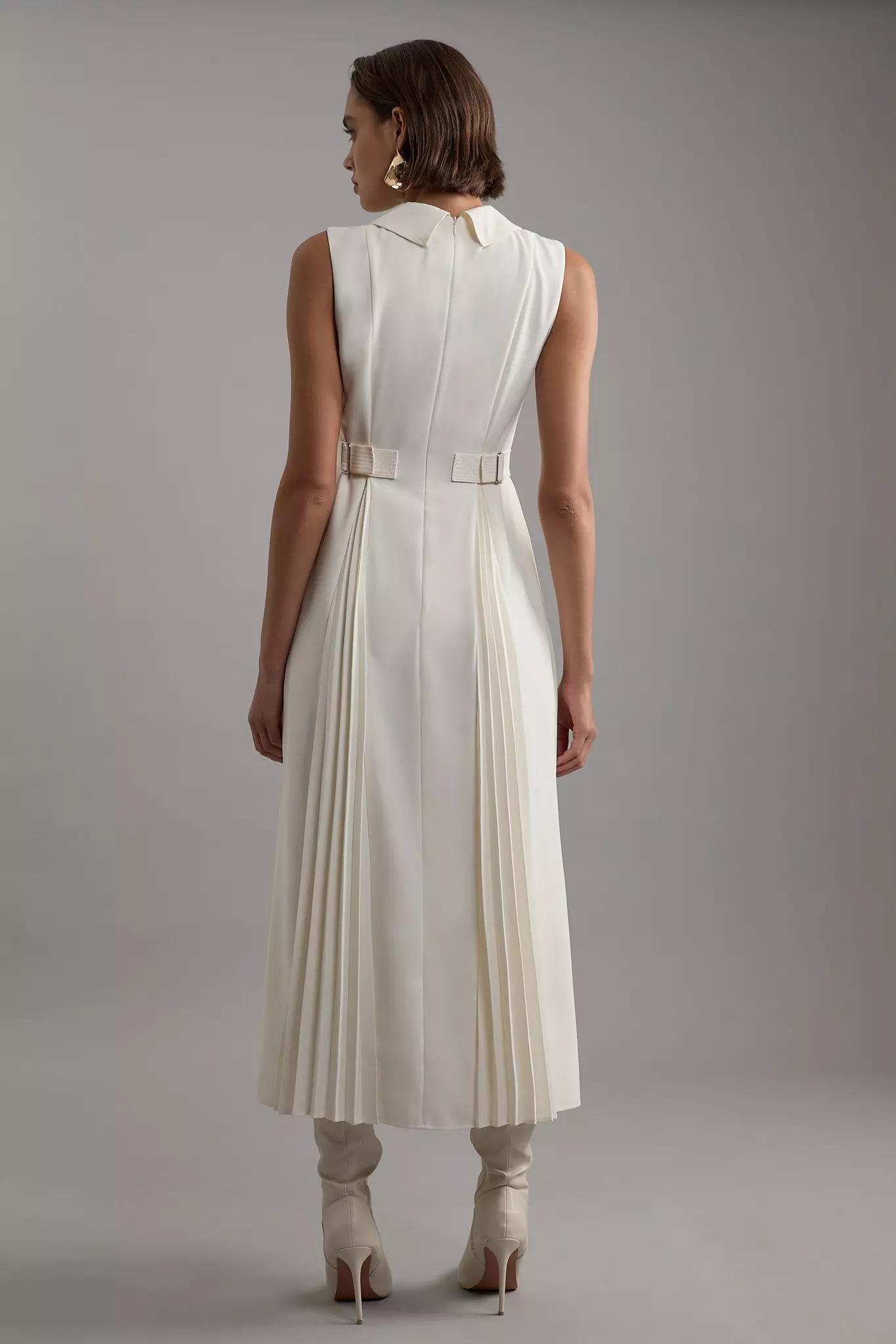Tailored Crepe Pleated Tab Detail Sleeveless Midaxi Dress