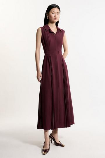 Tailored Crepe Pleated Tab Detail Sleeveless Midaxi Dress merlot