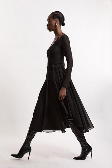 Black Tailored Crepe Georgette Mix Pleated Buckle Detail Skirt