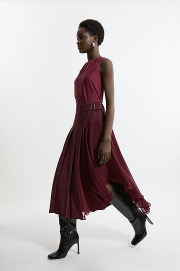 Tailored Crepe Georgette Mix Pleated Buckle Detail Skirt merlot