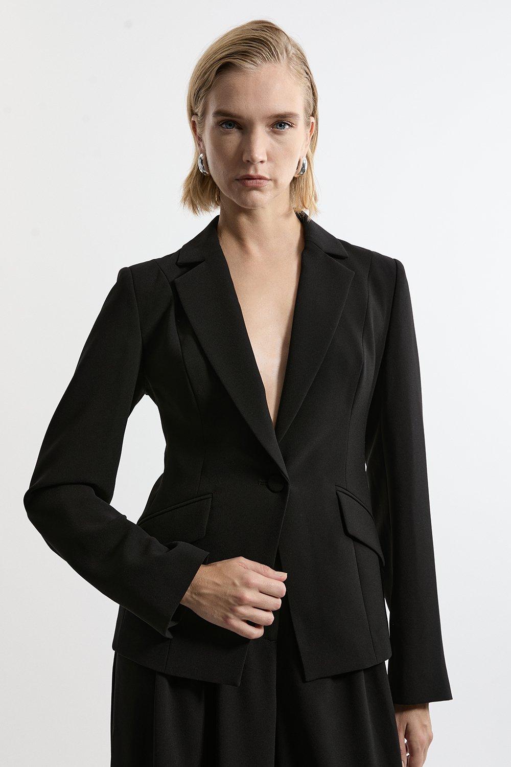 Black Tailored Crepe Single Breasted Blazer Jacket