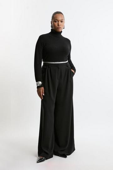 Plus Size Tailored Crepe Pleat Detail Wide Leg Trousers black