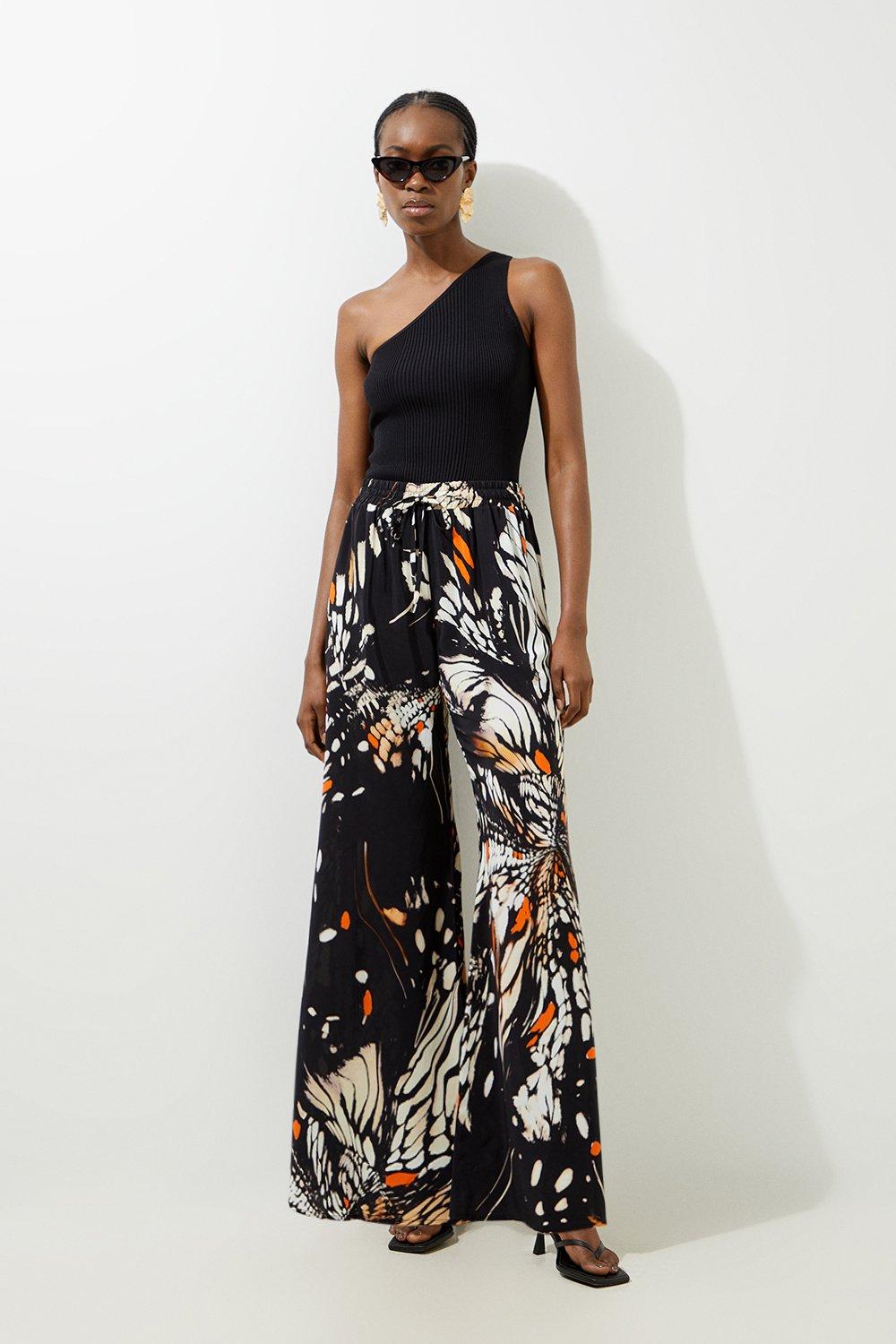 Black Butterfly Print Viscose Crepe Woven Trousers