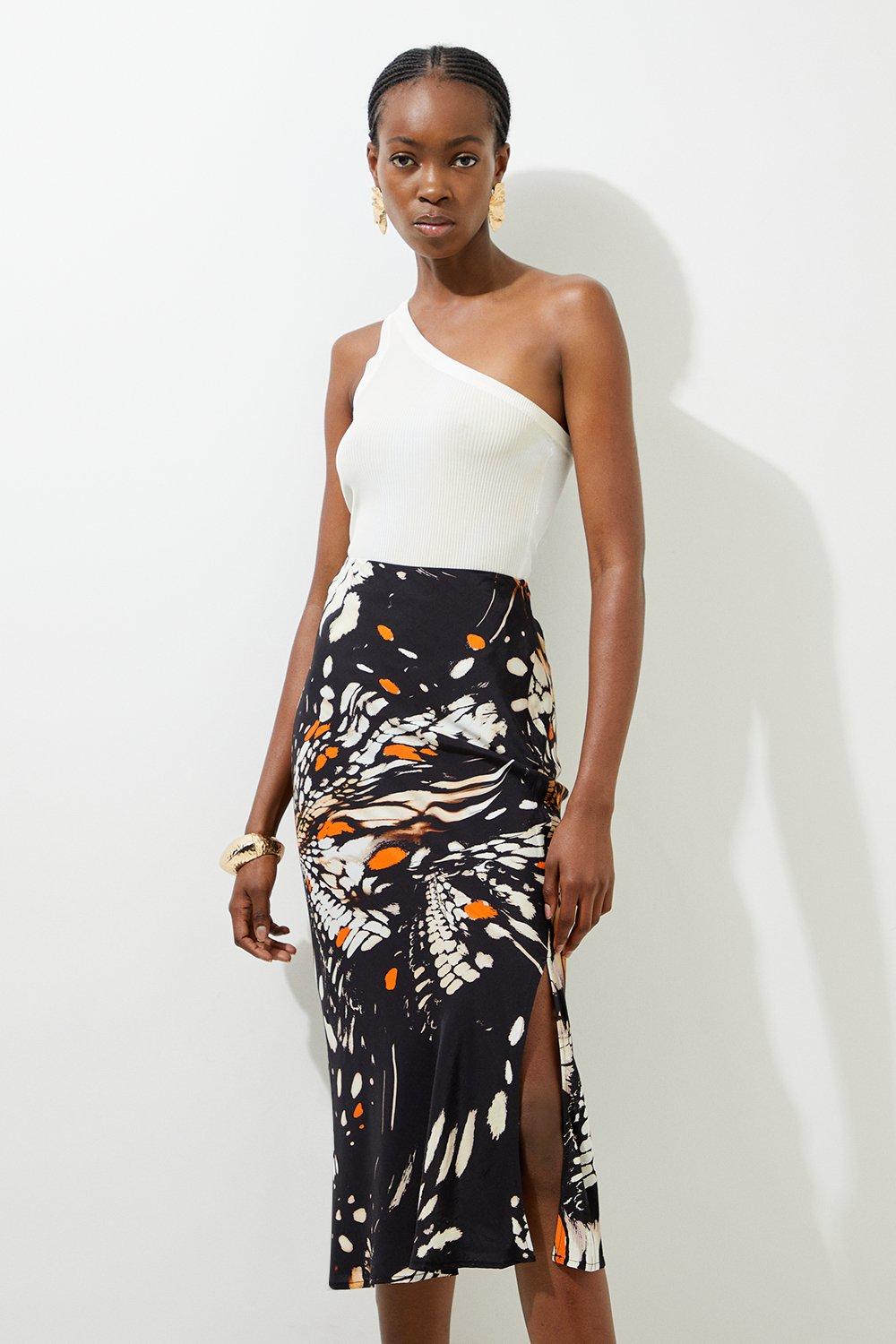Tall Butterfly Printed Viscose Crepe Woven Maxi Skirt | Karen Millen