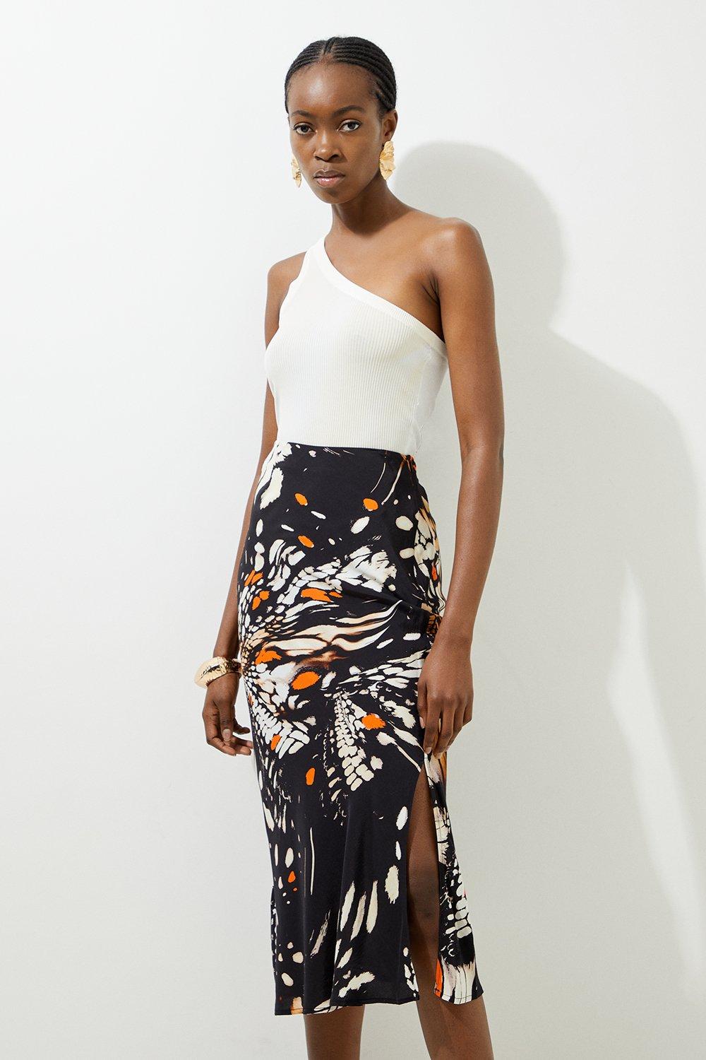 Black Butterfly Printed Viscose Crepe Woven Maxi Skirt