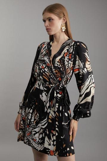 Black Butterfly Print Viscose Crepe Woven Wrap Mini Dress