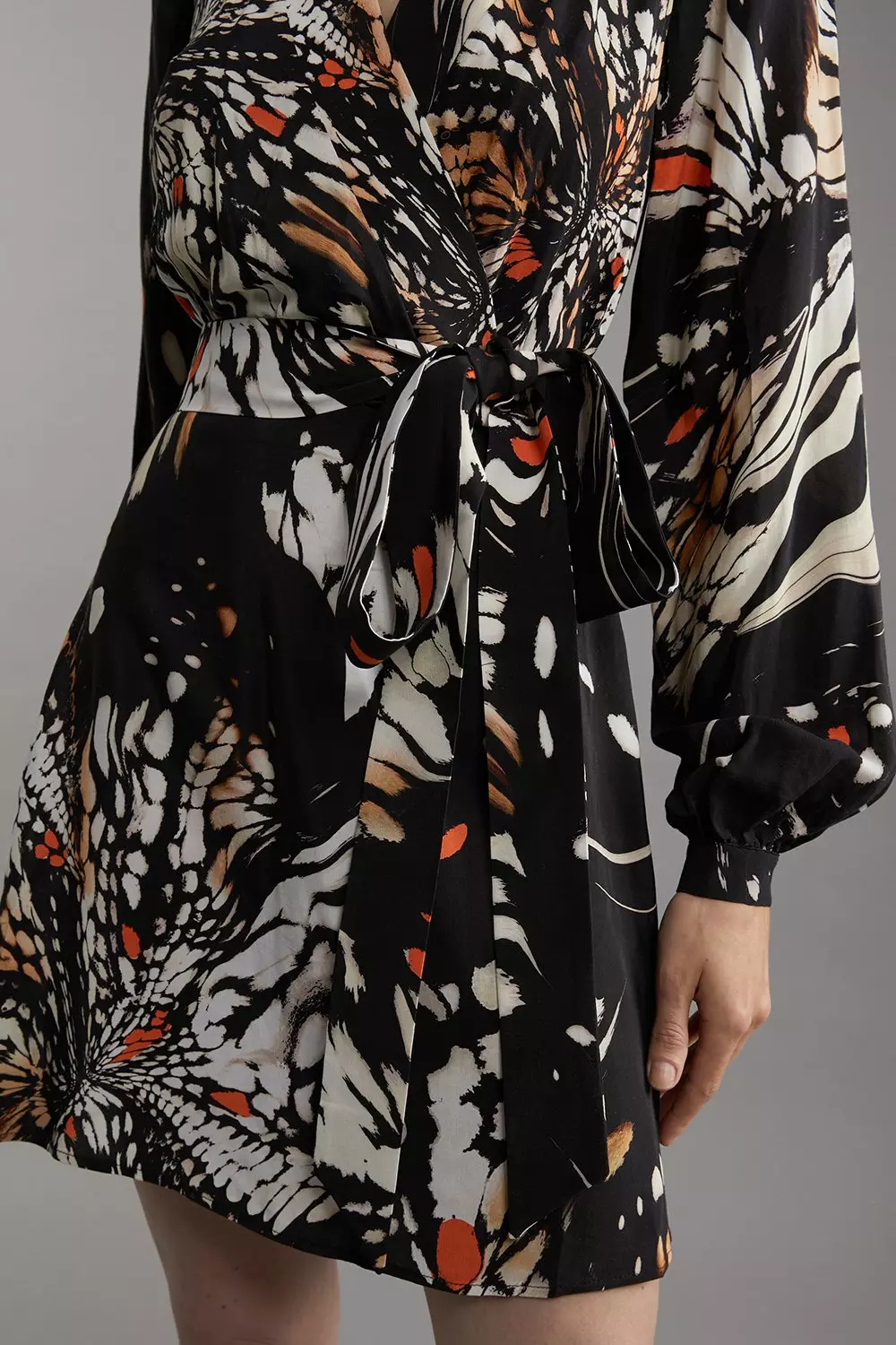 Butterfly Print Viscose Crepe Woven Wrap Mini Dress | Karen Millen