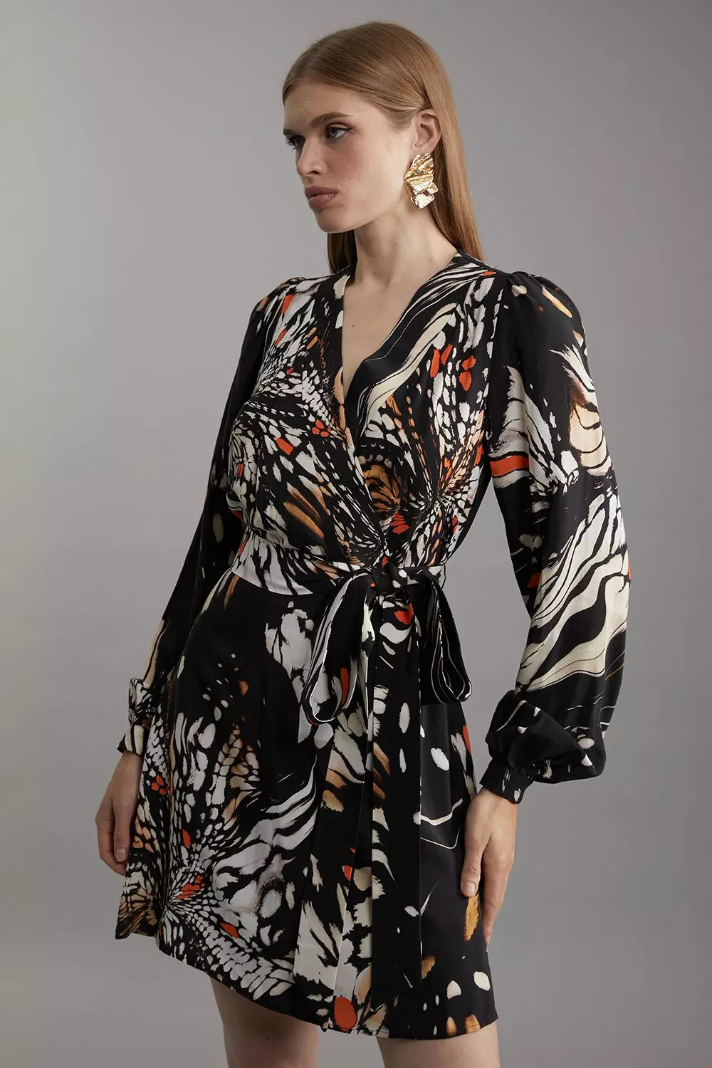 Butterfly Print Viscose Crepe Woven Wrap Mini Dress Karen Millen