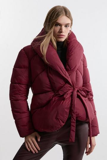 Quilted Padded Wrap Tie Oversize Collar Coat burgundy