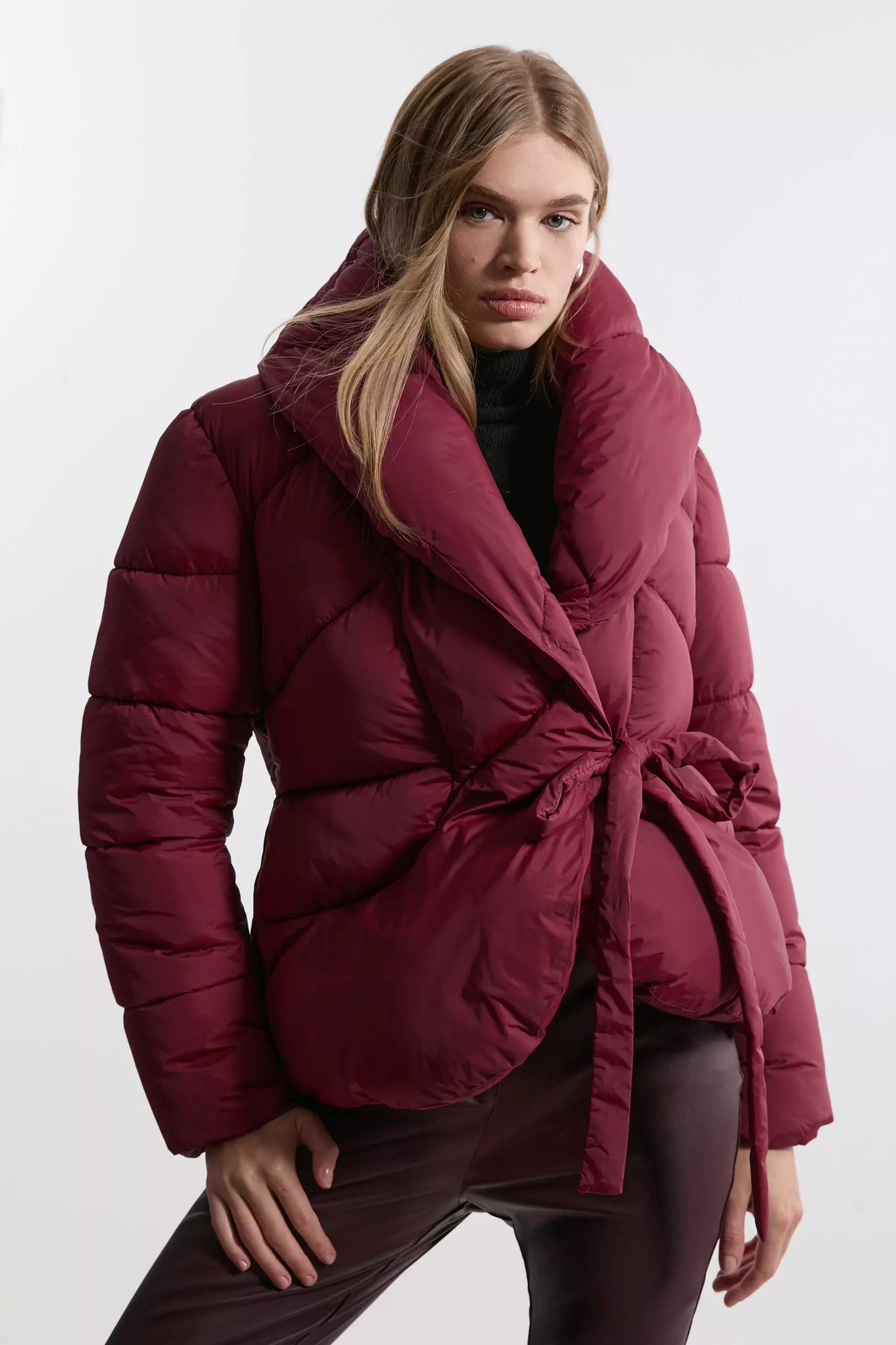 Quilted Padded Wrap Tie Oversize Collar Coat Karen Millen