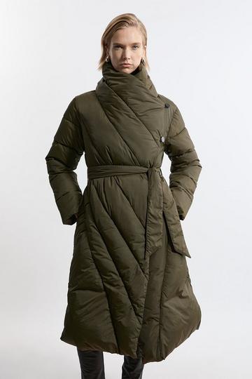 Quilted Padded Wrap Collar Coat khaki