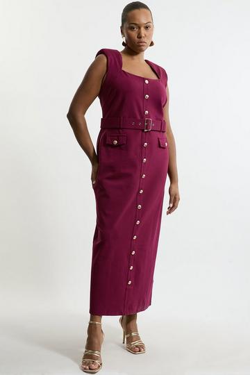 Plus Size Ponte Belted Cap Sleeve Midi Dress plum