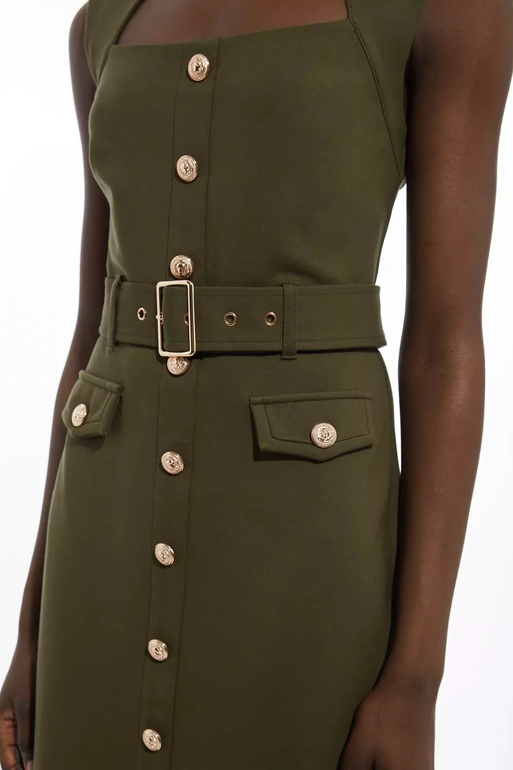 ★Karen Millen★リネンツイルトップステッチベルト付きショート Ponte Belted Cap Sleeve Midi Dress | Karen Millen