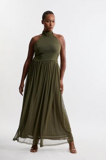 Plus Size Jersey Mesh Halterneck Maxi Dress khaki