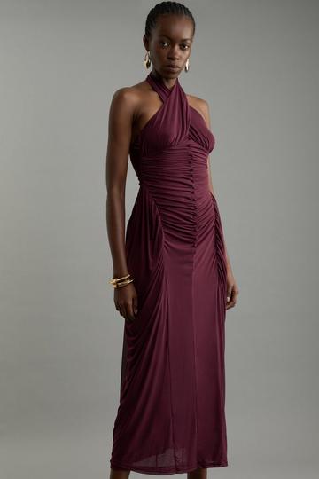 Petite Jersey Mesh Halterneck Midi Dress burgundy