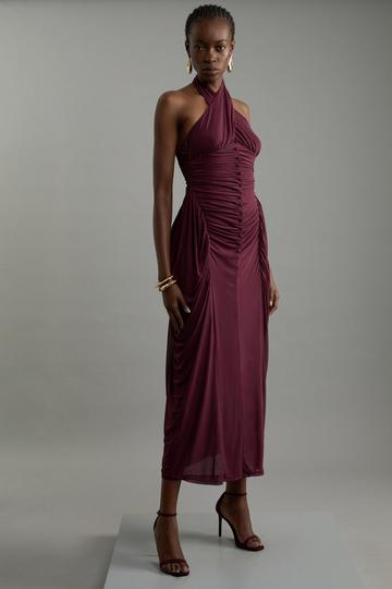 Jersey Mesh Halterneck Midi Dress burgundy