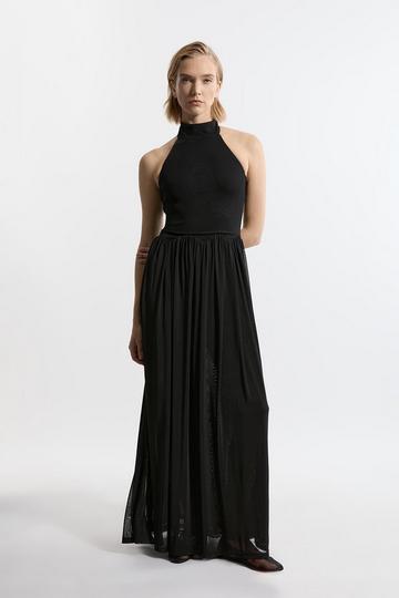 Black Jersey Mesh Halterneck Maxi Dress