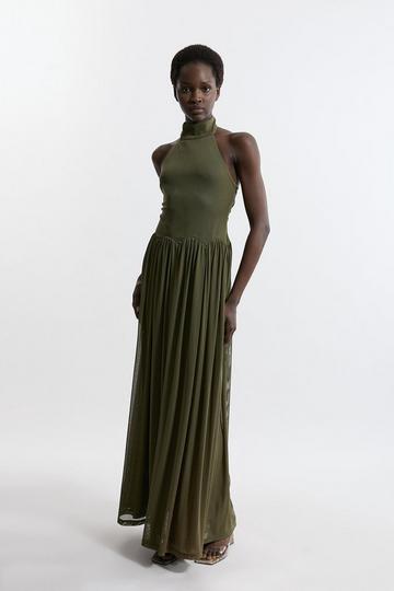 Jersey Mesh Halterneck Maxi Dress khaki